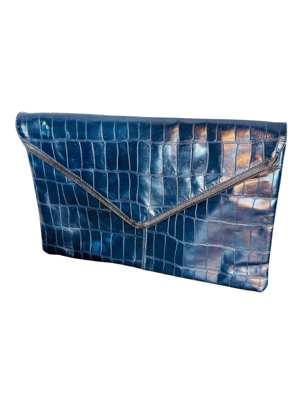 EATON Vintage Blue Leather Croc Embossed Envelope Clutch Purse Two Compartments